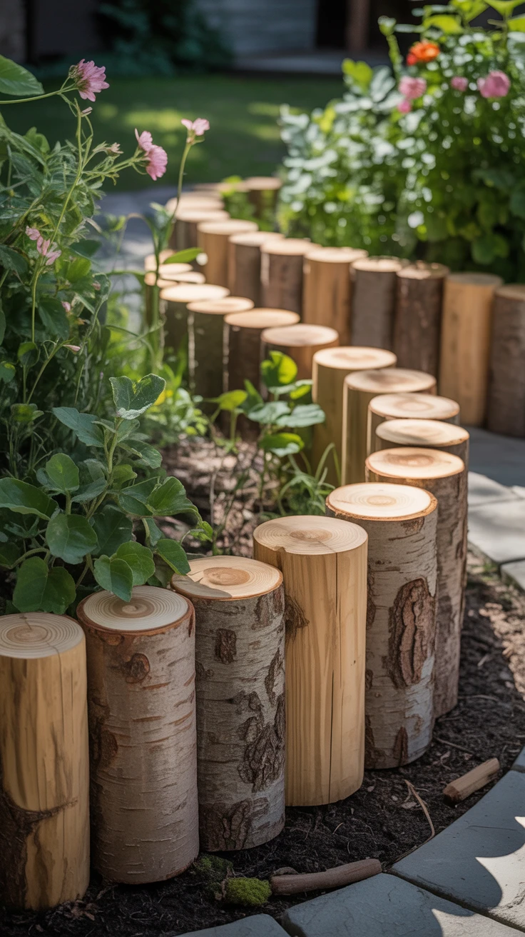 2. Wooden Log Edging: Natural Rustic Charm