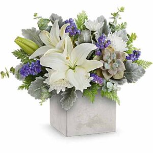 Modern Paradise Succulent and Flower Bouquet in concrete-inspired vase