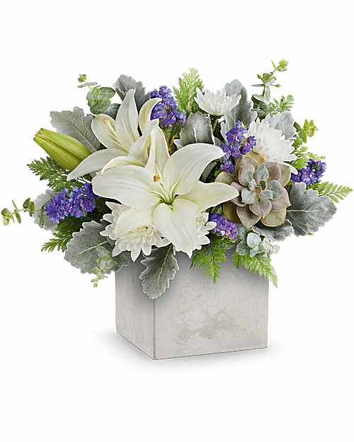 Modern Paradise Succulent and Flower Bouquet in concrete-inspired vase