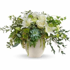 White roses and succulents in a stone bowl