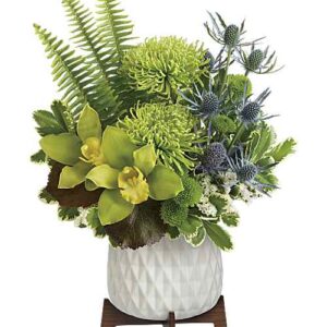 Green Orchid and Chrysanthemum Bouquet in ceramic planter